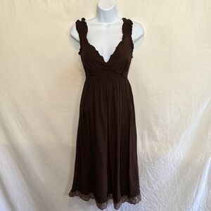 E-8 Santiki Brown‎ Ruffle Sleeveless Lace Trim MIDI Summer Dress Size S